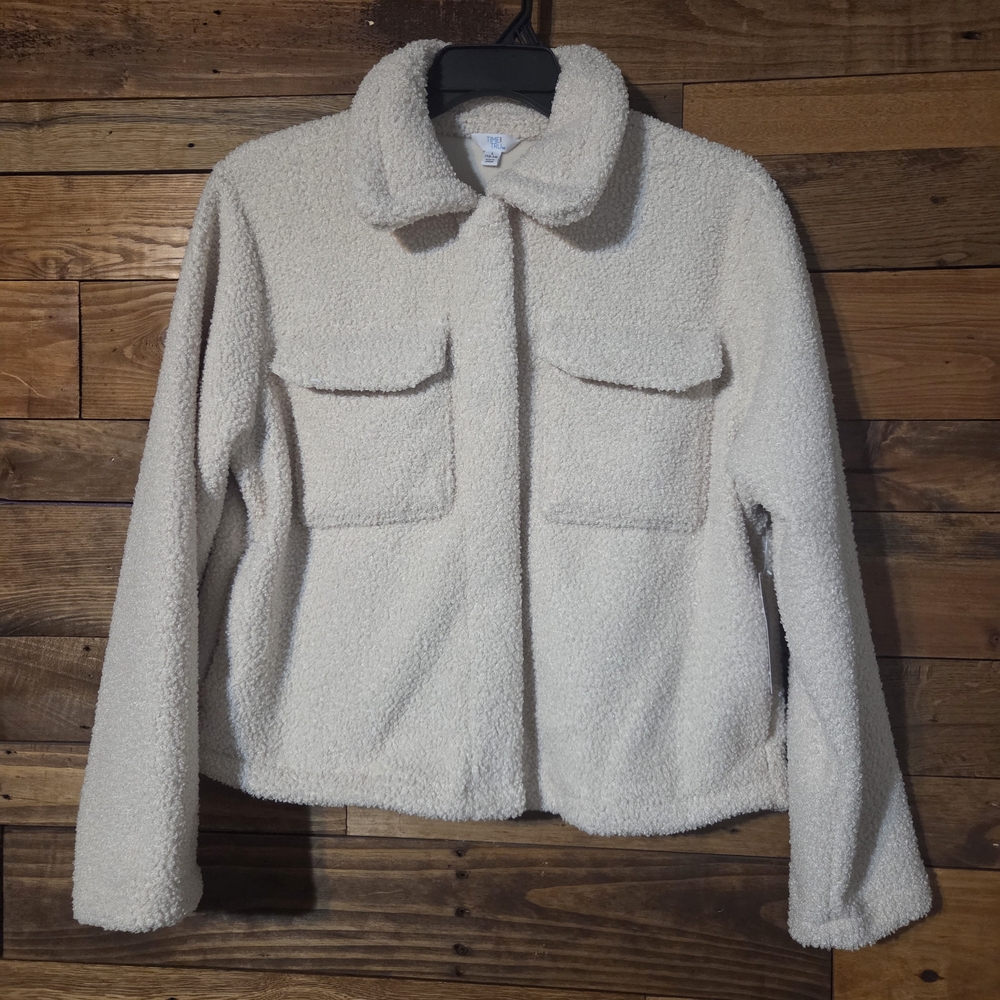 NWT Boucle Trucker Jacket Teddy Shacket Womens L 12-14 White Sand Trucker Casual